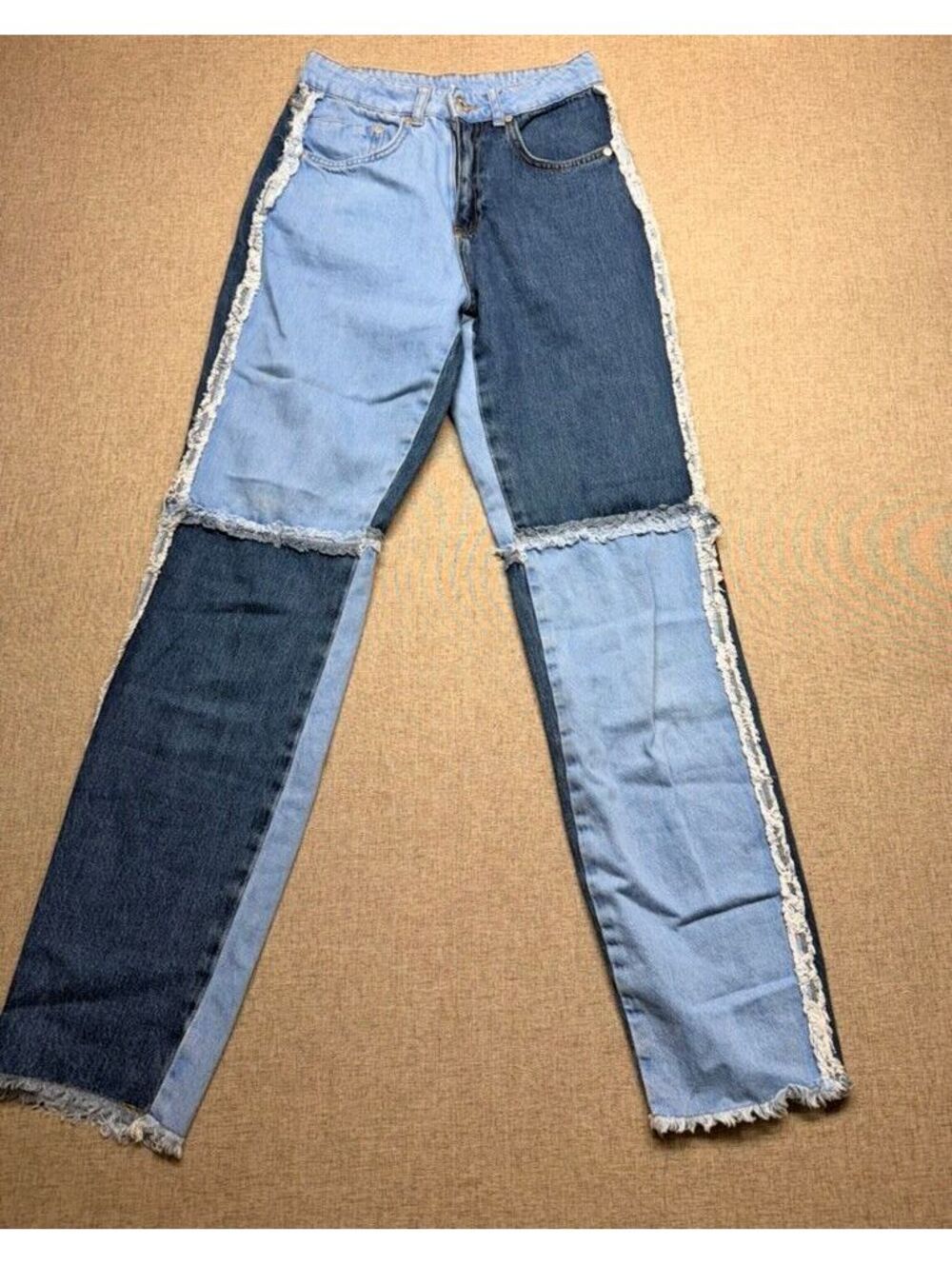 Ragged Jeans Women's 26 Two Tone Patchwork Straight Leg Frayed Denim Pants